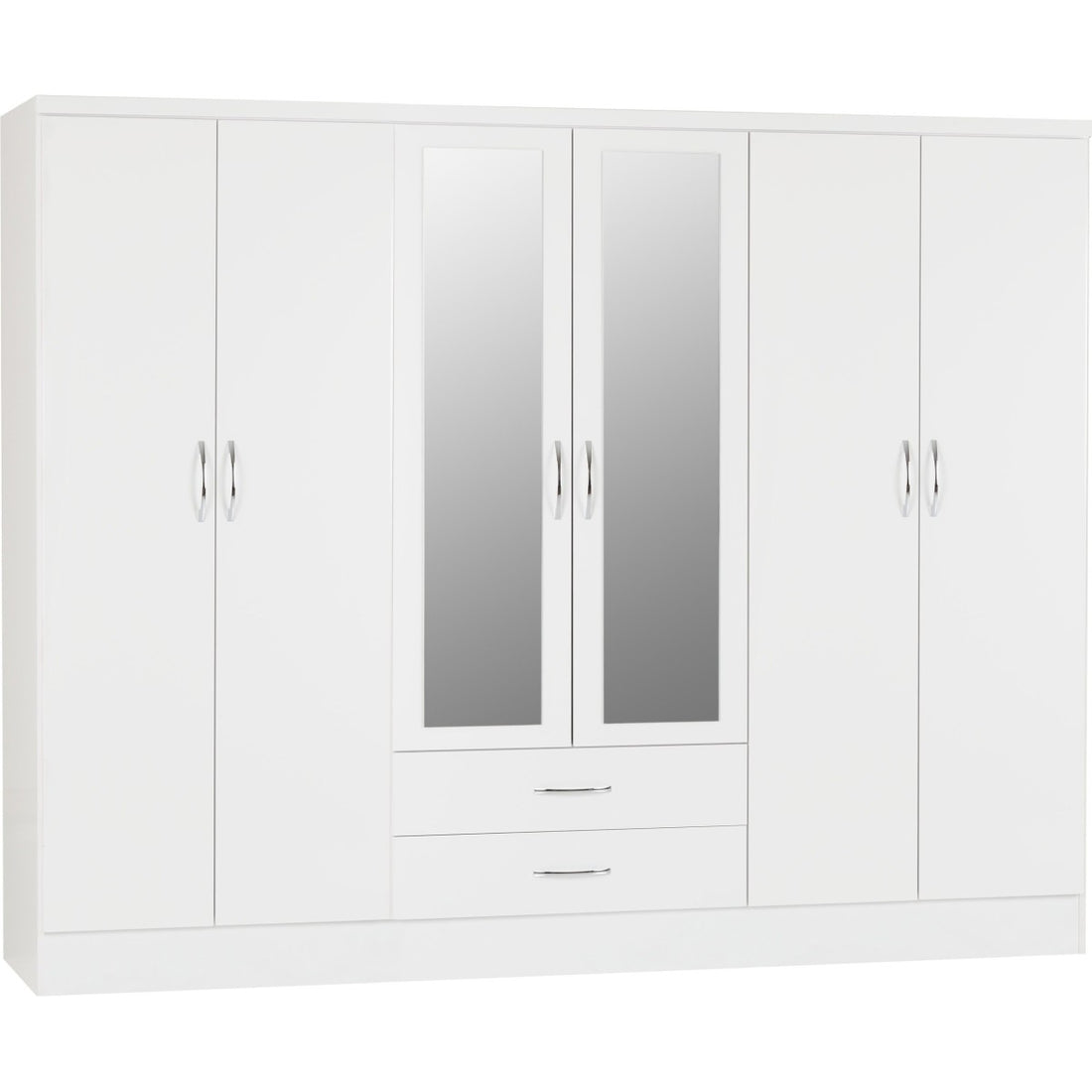 6 Door 2 Drawer Wardrobe with Mirror Ready Assembled Bedroom Storage in White