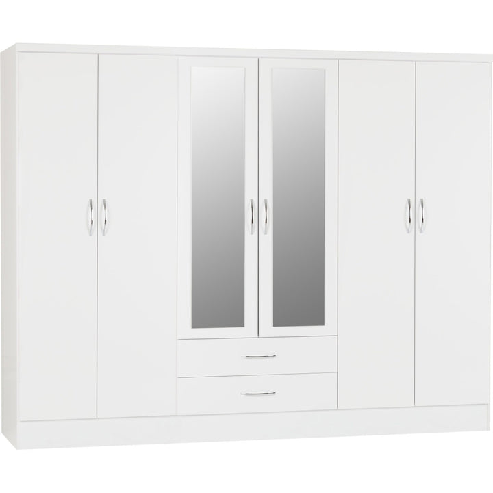 6 Door 2 Drawer Wardrobe with Mirror Ready Assembled Bedroom Storage in White