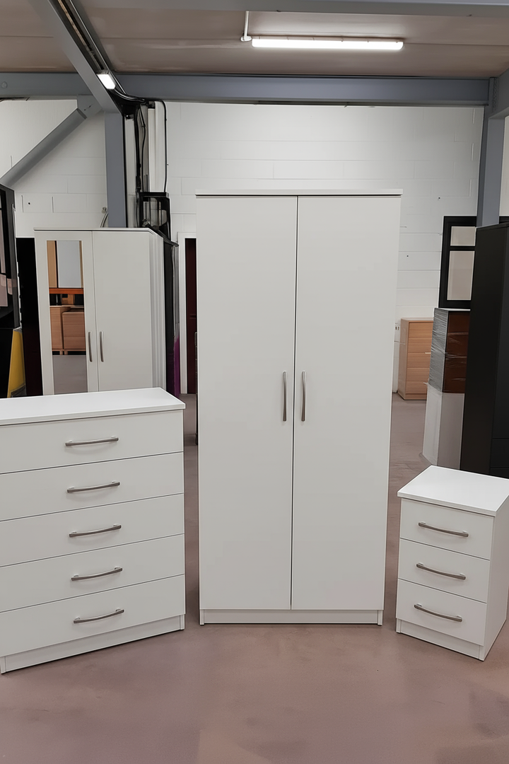 2 Door Wardrobe Set With Chest Of Drawers and Bedside Table White