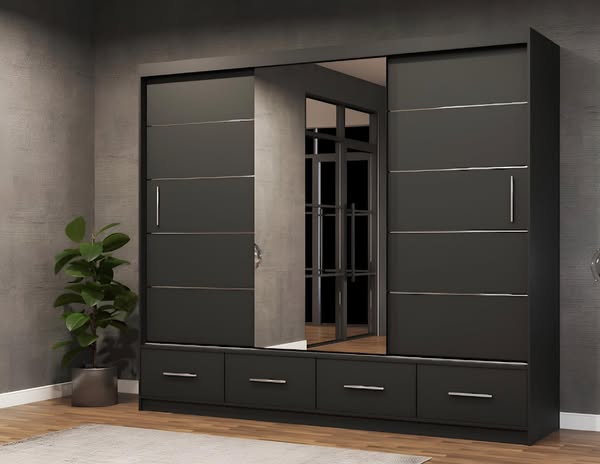 Modern 256cm Sliding Center Mirrored Wardrobe – Flatpack