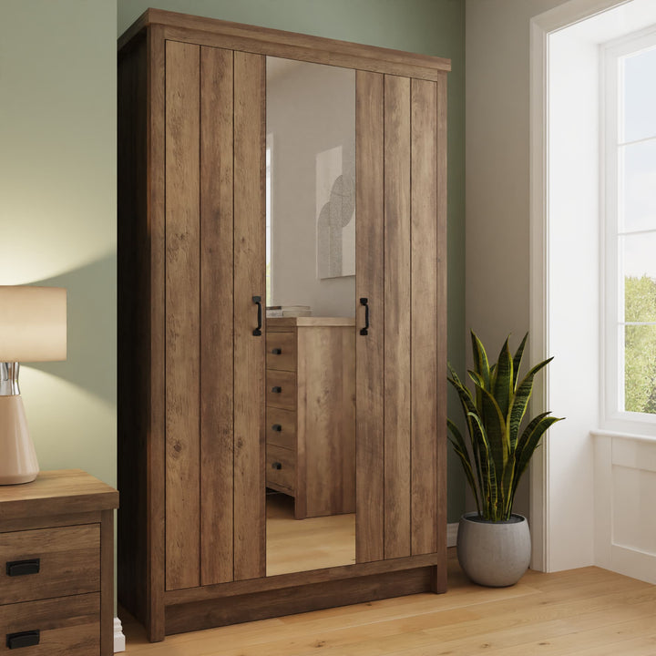 3 Door Mirrored Wardrobe - Knotty Oak