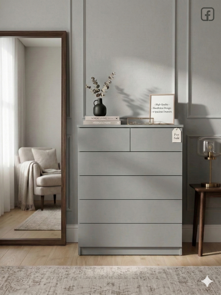 Modern Grey 6-Drawer Chest – Handleless Malm Style