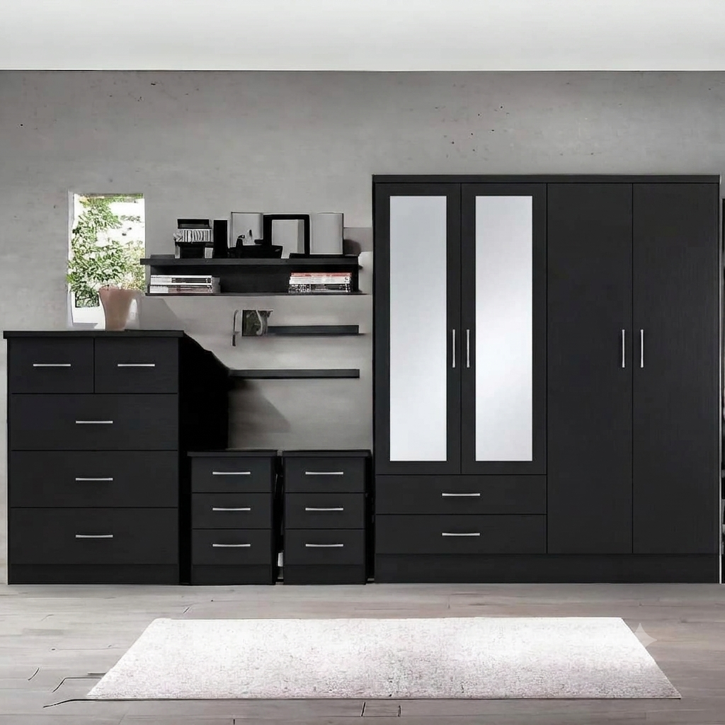 Modern Grey Mirrored Bedroom Furniture Set – Wardrobe, Chest of Drawers & Bedside Tables