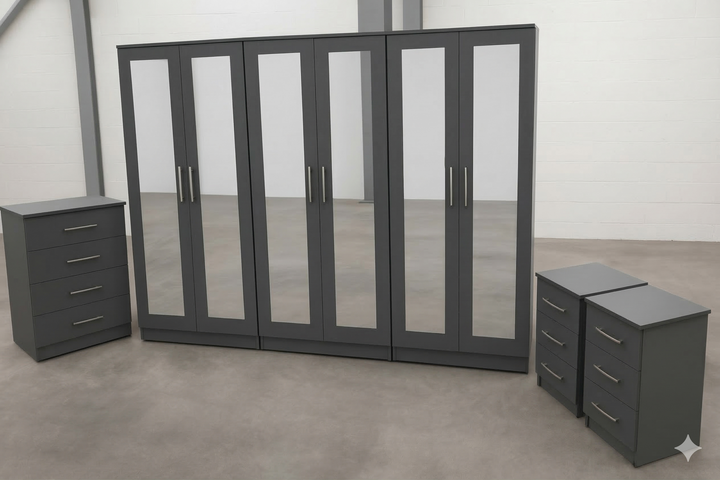 The Ultimate Bedroom Trio: 6-Door Mirrored Wardrobe, Chest & Bedside Set