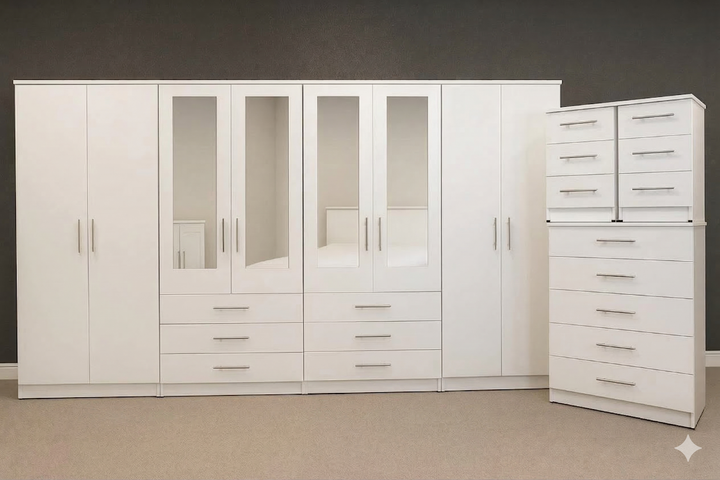 Alpine 6-Piece 8 Door Bedroom Furniture Suite – White