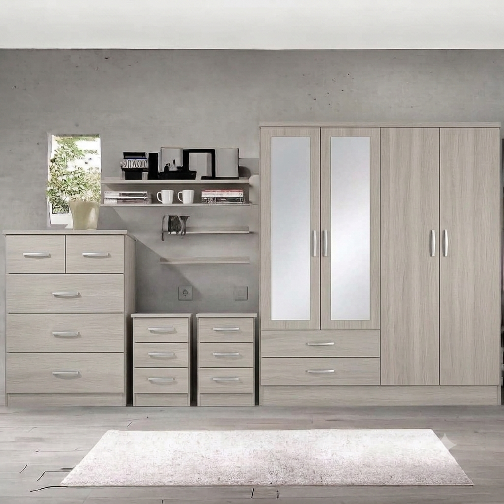 Modern Grey Mirrored Bedroom Furniture Set – Wardrobe, Chest of Drawers & Bedside Tables