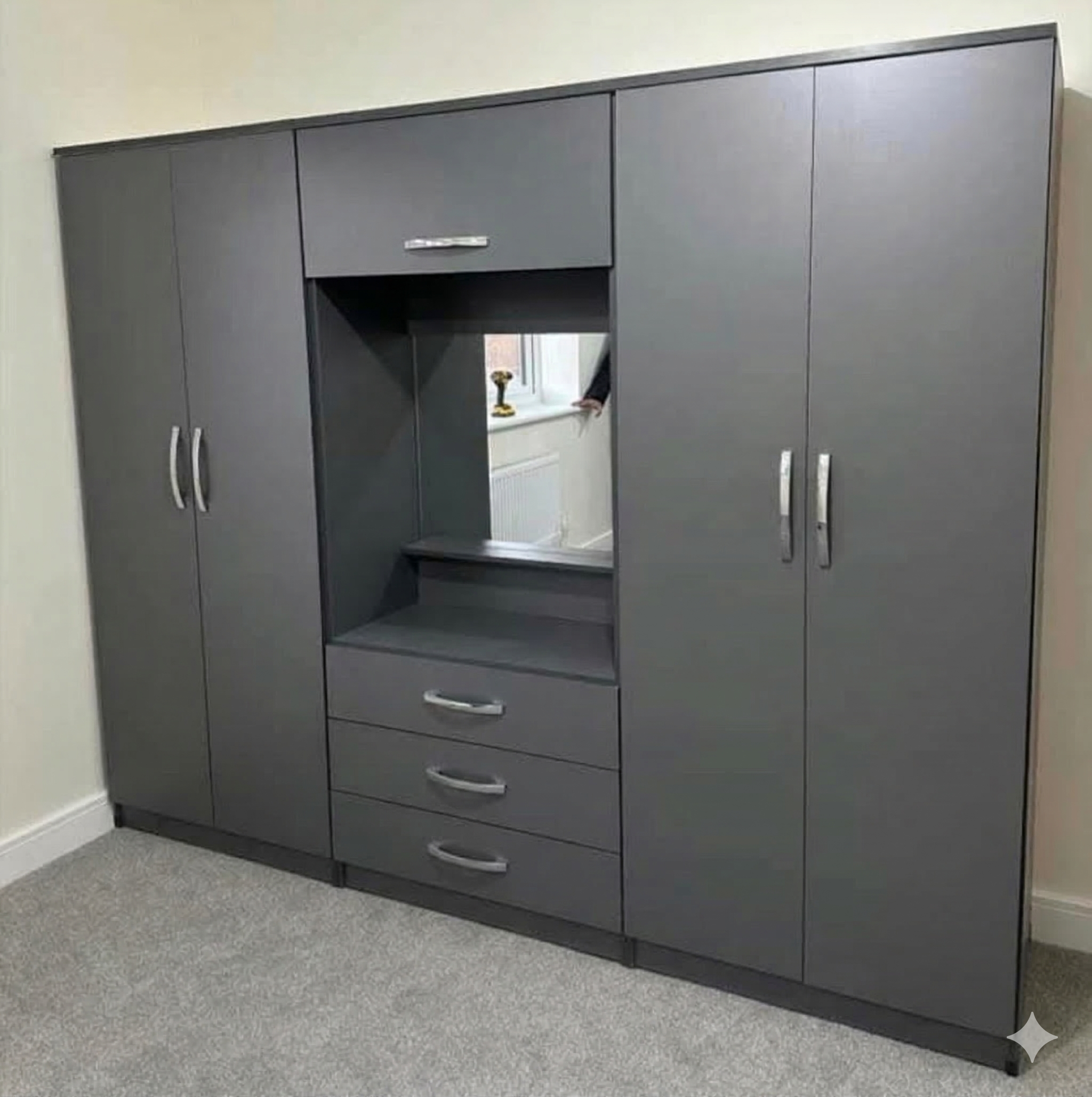 Modern 4-Door Triple Wardrobe Set with Integrated Vanity & Drawers