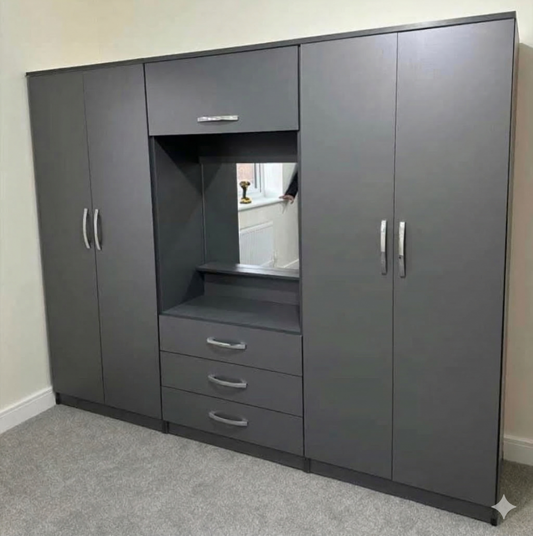 Modern 4-Door Triple Wardrobe Set with Integrated Vanity & Drawers