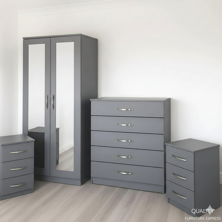 Modern Black Mirrored Bedroom Furniture Set – Wardrobe, Chest of Drawers & Bedside Tables