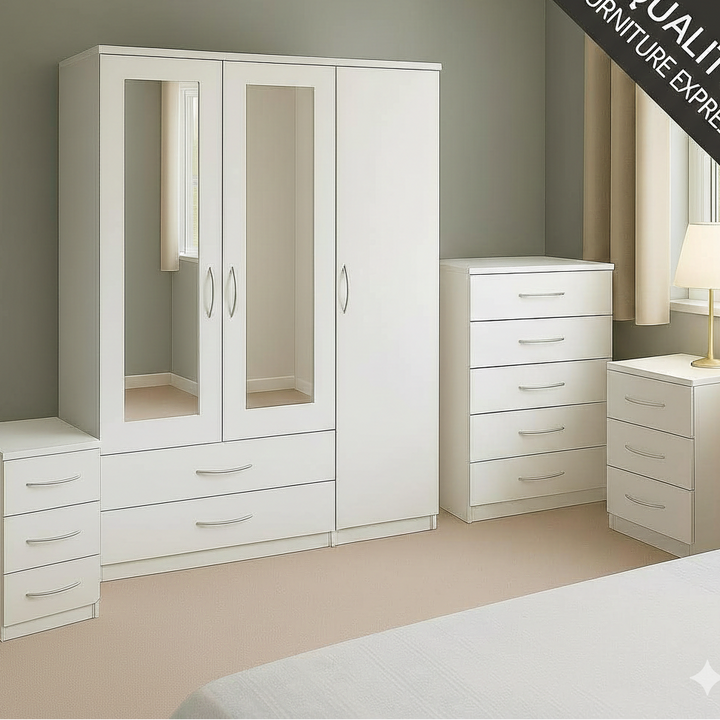Modern White Mirrored Bedroom Furniture Set – Wardrobe, Chest of Drawers & Bedside Tables