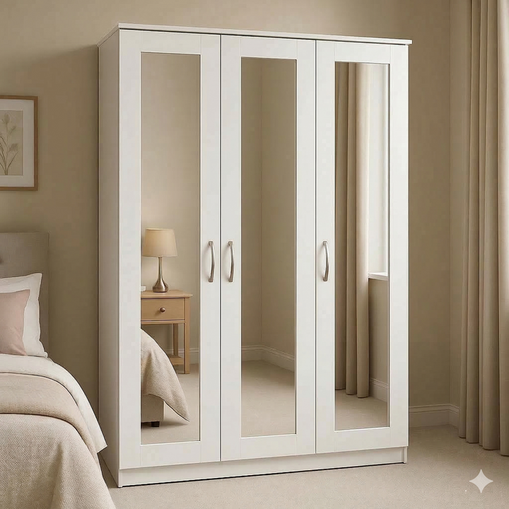 "Copenhagen 3-Door White Mirrored Wardrobe"