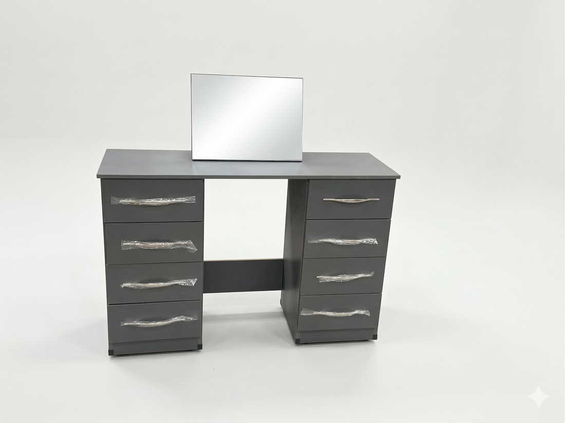 Modern 8-Drawer Dressing Table with Mirror – Sleek Grey Finish