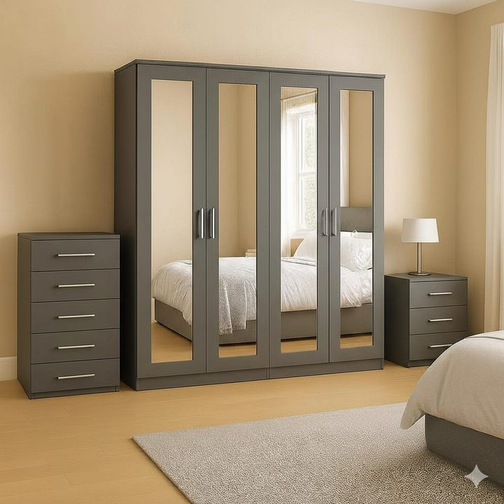 Modern Grey 3-Piece Bedroom Furniture Set | Mirrored Wardrobe & Chest