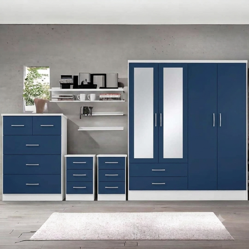 Modern Grey Mirrored Bedroom Furniture Set – Wardrobe, Chest of Drawers & Bedside Tables