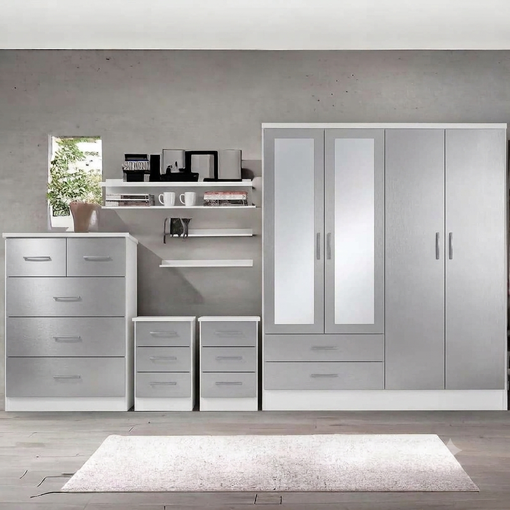 Modern Grey Mirrored Bedroom Furniture Set – Wardrobe, Chest of Drawers & Bedside Tables