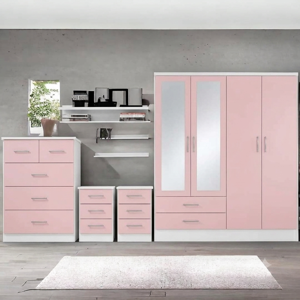 Modern Grey Mirrored Bedroom Furniture Set – Wardrobe, Chest of Drawers & Bedside Tables