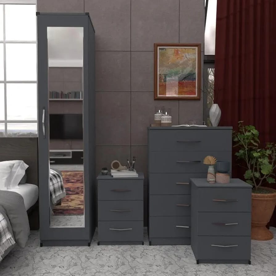 Single Door Mirrored Wardrobe with 5 Drawer Chest & Bedside Tables – Fully Assembled Bedroom Furniture Set