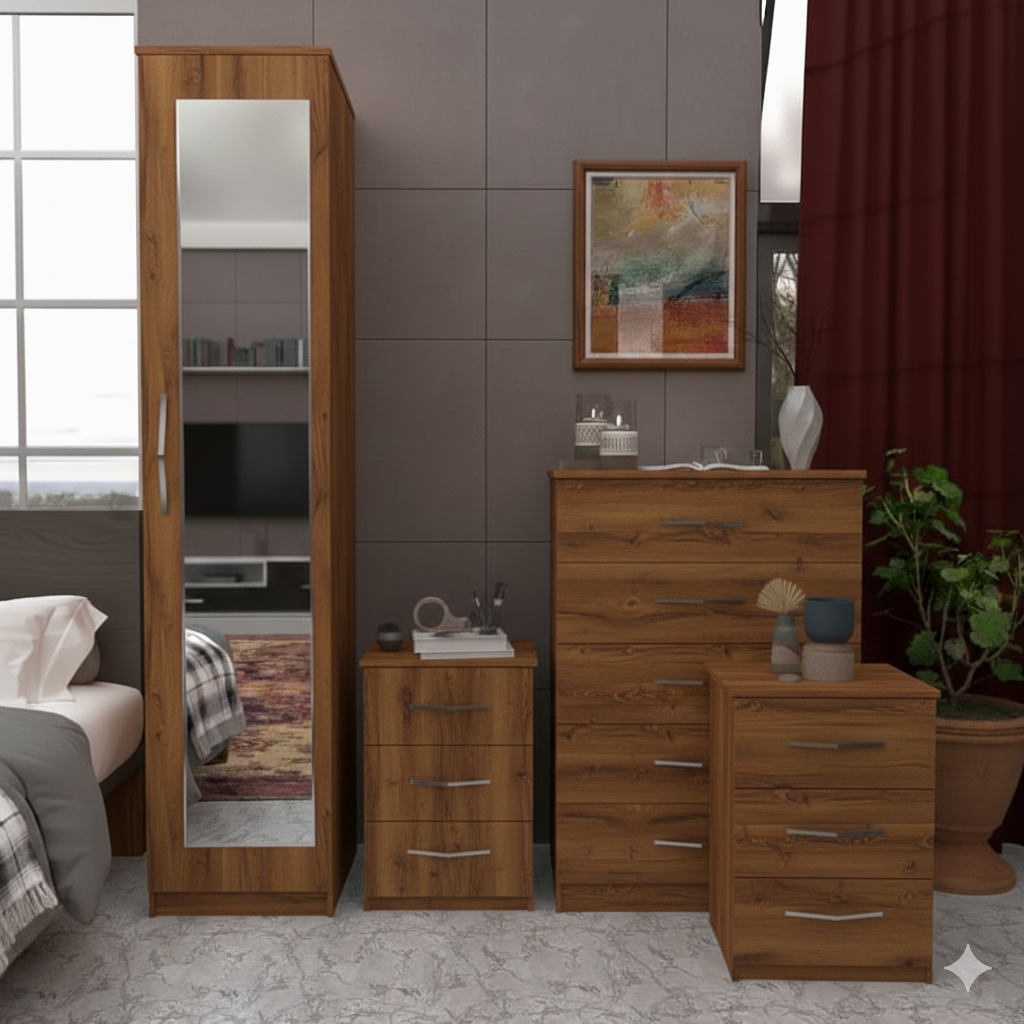 Single Door Mirrored Wardrobe with 5 Drawer Chest & Bedside Tables – Fully Assembled Bedroom Furniture Set