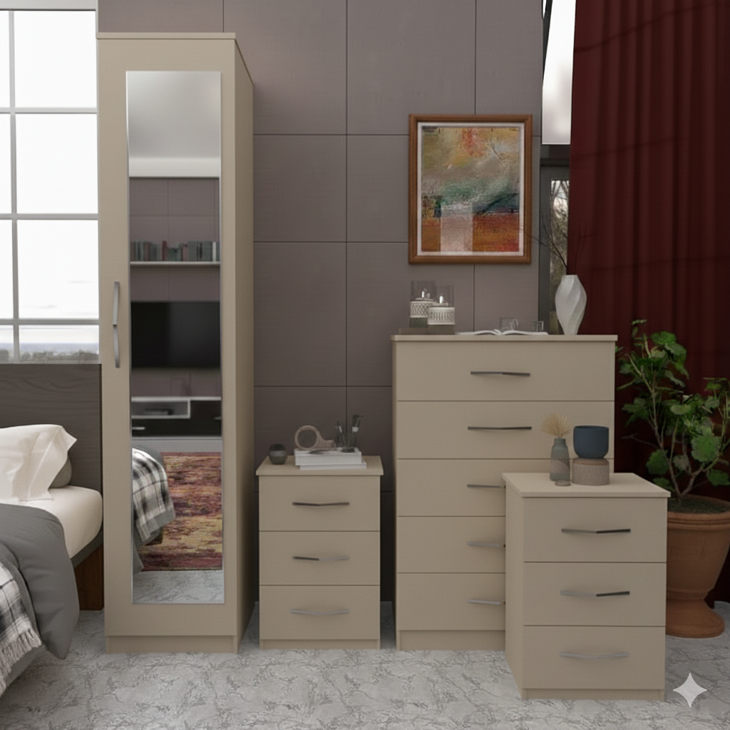 Single Door Mirrored Wardrobe with 5 Drawer Chest & Bedside Tables – Fully Assembled Bedroom Furniture Set