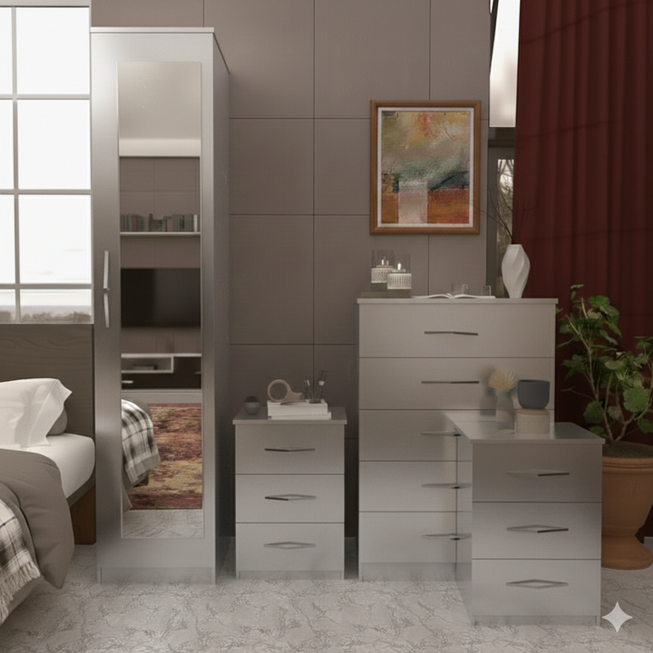 Single Door Mirrored Wardrobe with 5 Drawer Chest & Bedside Tables – Fully Assembled Bedroom Furniture Set