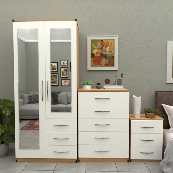 2 Door Mirrored Combi Wardrobe Set with Chest of Drawers & Bedside Table – White & Oak Finish
