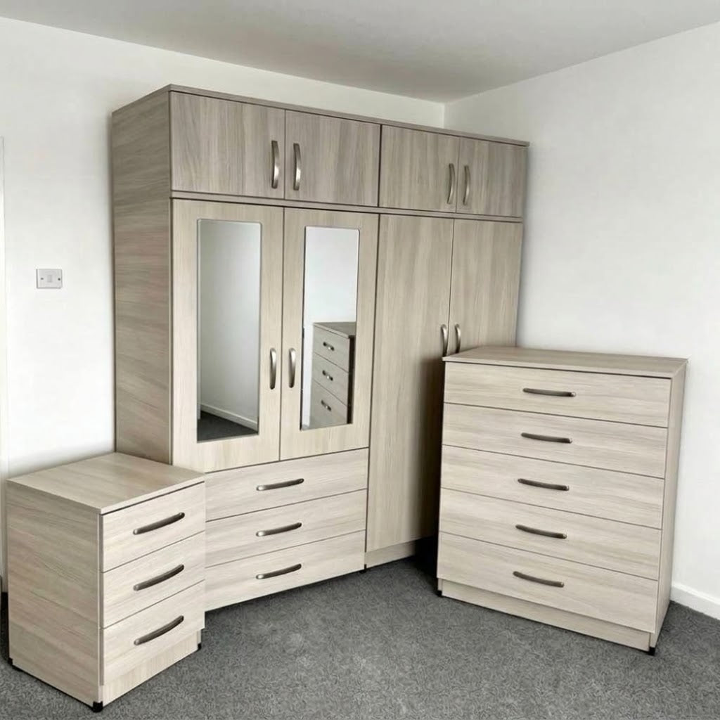 4 Door Wardrobe Set with Chest of Drawers and Bedside Table – Pre-Assembled
