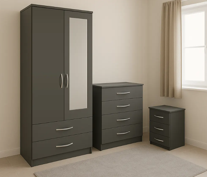 2 Door Mirrored Wardrobe Set with 1 Chest and Sidetable