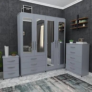 4 Door Mirror Wardrobe with 1 Chest & 1 Side Table