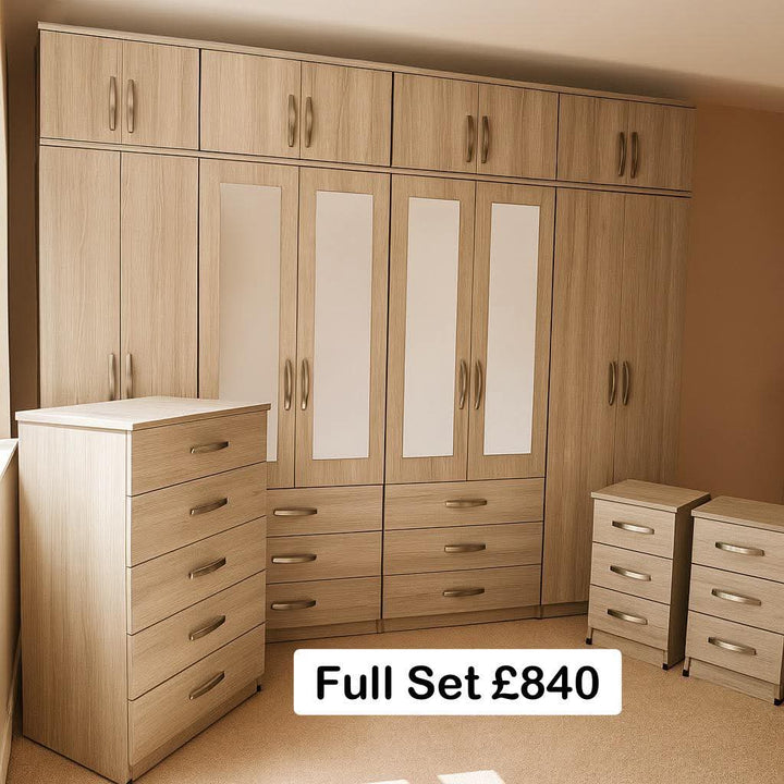 Premium Oak Effect Mirrored Bedroom Furniture Set – Wardrobe, Chest of Drawers & Bedside Tables