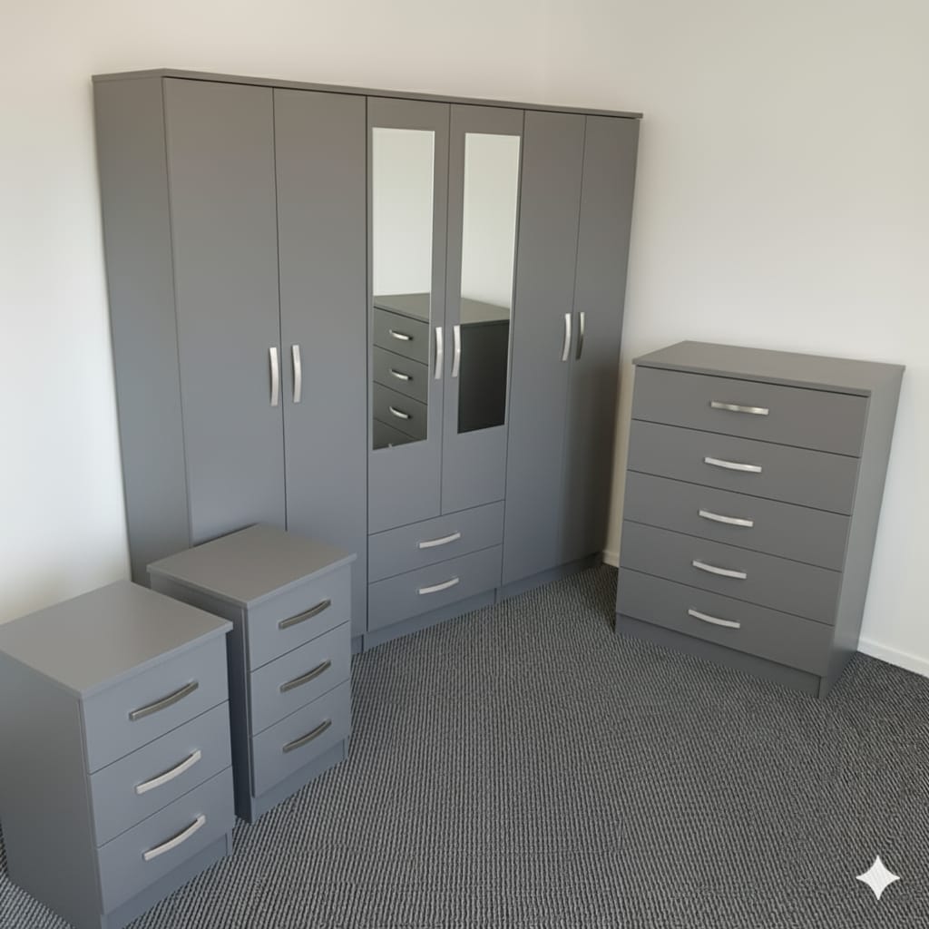 Modern 4-Piece Bedroom Furniture Set – 6-Door Wardrobe, 5-Drawer Chest & Twin Bedside Tables (Slate Grey)