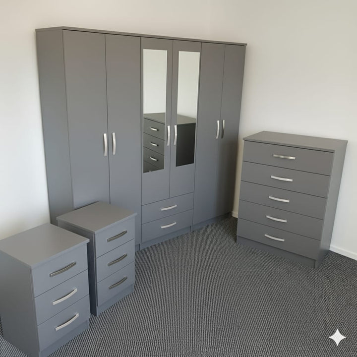 Modern 4-Piece Bedroom Furniture Set – 6-Door Wardrobe, 5-Drawer Chest & Twin Bedside Tables (Slate Grey)