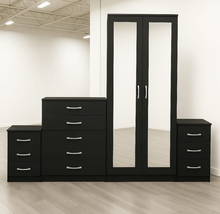 Modern Black Mirrored Bedroom Furniture Set – Wardrobe, Chest of Drawers & Bedside Tables