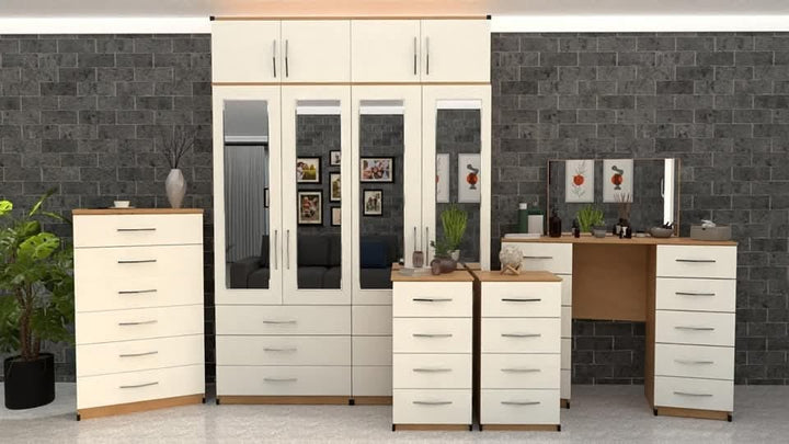 White & Oak Mirrored Bedroom Furniture Set – Wardrobe, Chest of Drawers, Bedside Units & Dressing Table