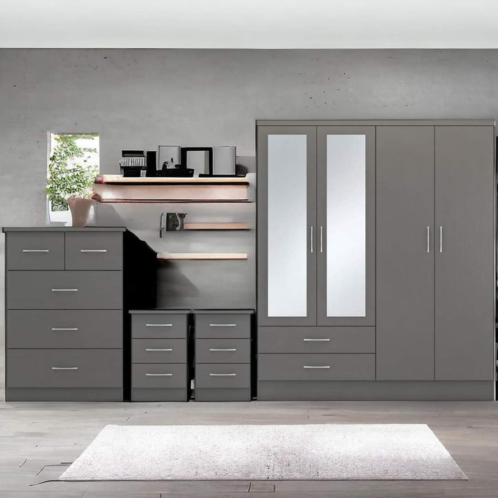 Modern Grey Mirrored Bedroom Furniture Set – Wardrobe, Chest of Drawers & Bedside Tables