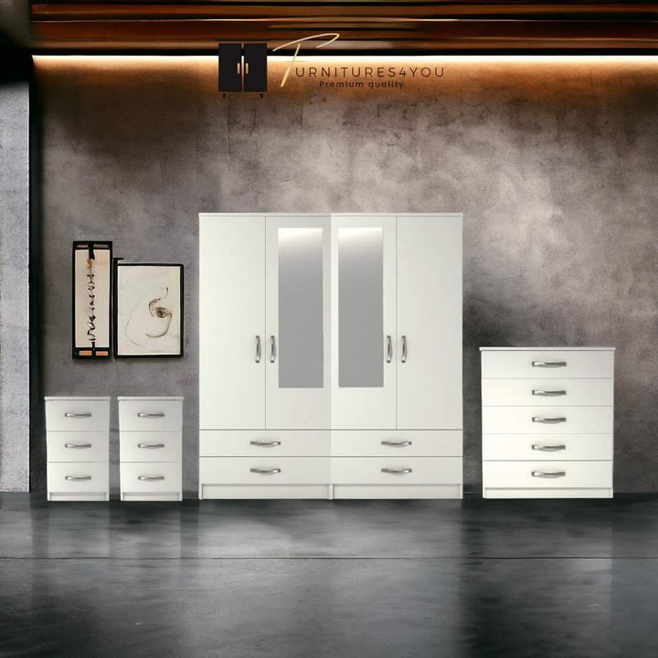 Modern Mirrored Bedroom Furniture Set – 4 Door Wardrobe, Chest of Drawers & Bedside Tables