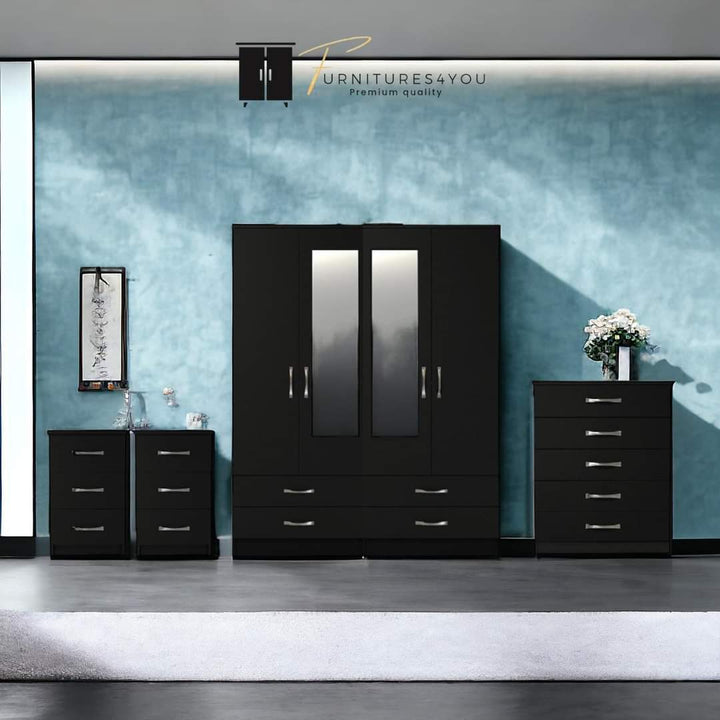 Modern Mirrored Bedroom Furniture Set – 4 Door Wardrobe, Chest of Drawers & Bedside Tables
