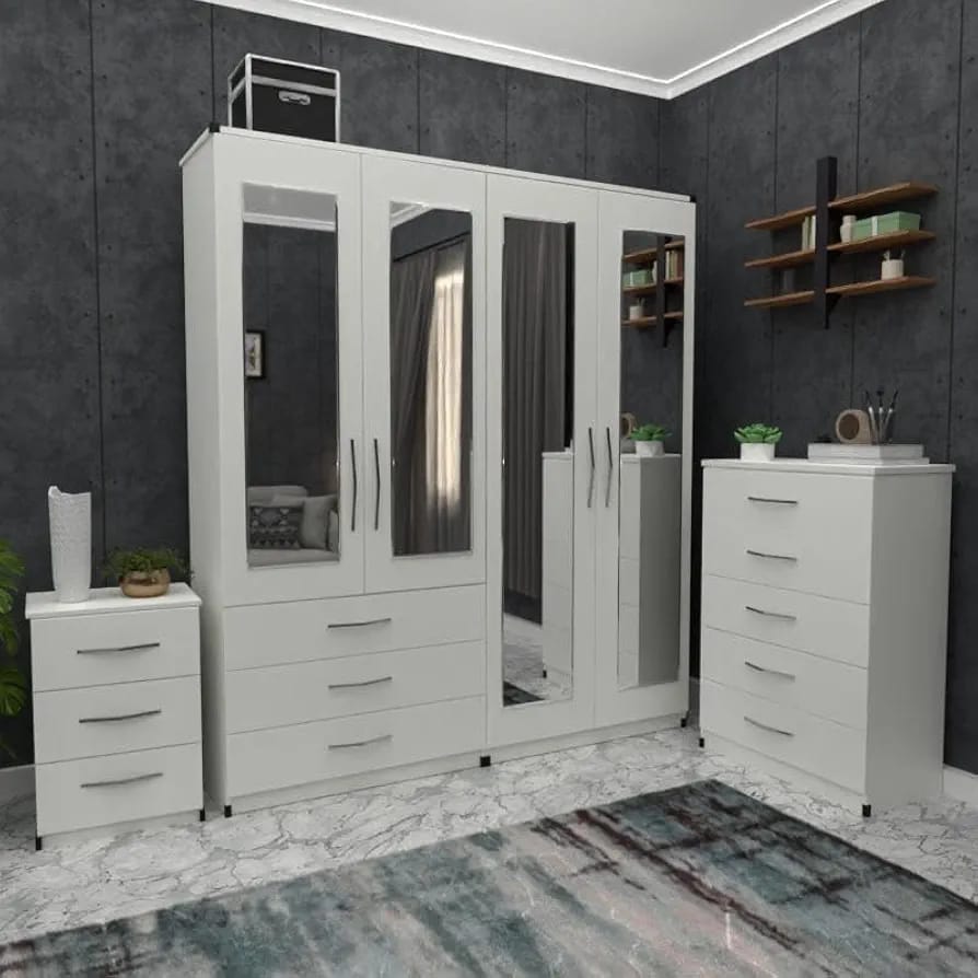 4 Door Mirror Wardrobe with 1 Chest & 1 Side Table