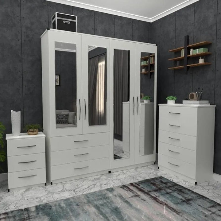 4 Door Mirror Wardrobe with 1 Chest & 1 Side Table