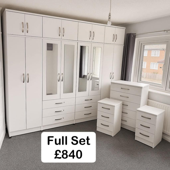 Premium Oak Effect Mirrored Bedroom Furniture Set – Wardrobe, Chest of Drawers & Bedside Tables