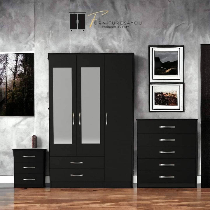 Modern Grey Mirrored Bedroom Furniture Set – 3 Door Wardrobe, Chest of Drawers & Bedside Tables