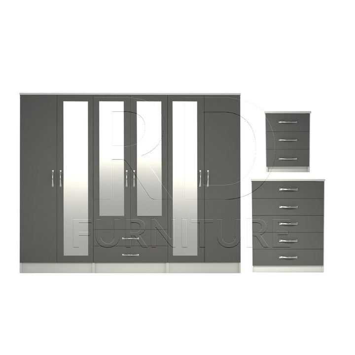 Ready assembled 3 Pcs Classic 6 Door 2 Drawer 4 Mirror Wardrobe, Chest And Bedside Set White And Grey