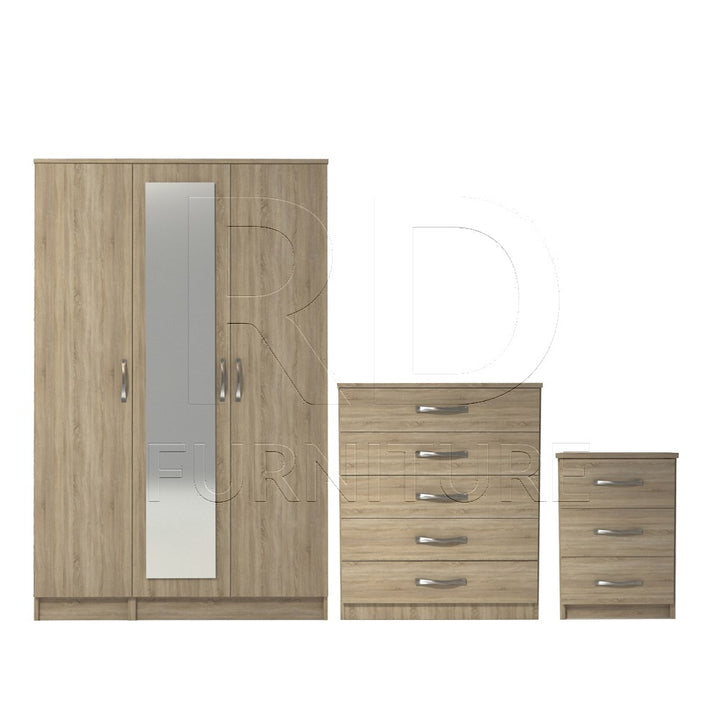 Ready assembled 3 Pcs Classic 3 Door Mirrored Wardrobe, Chest And Bedside Set Oak
