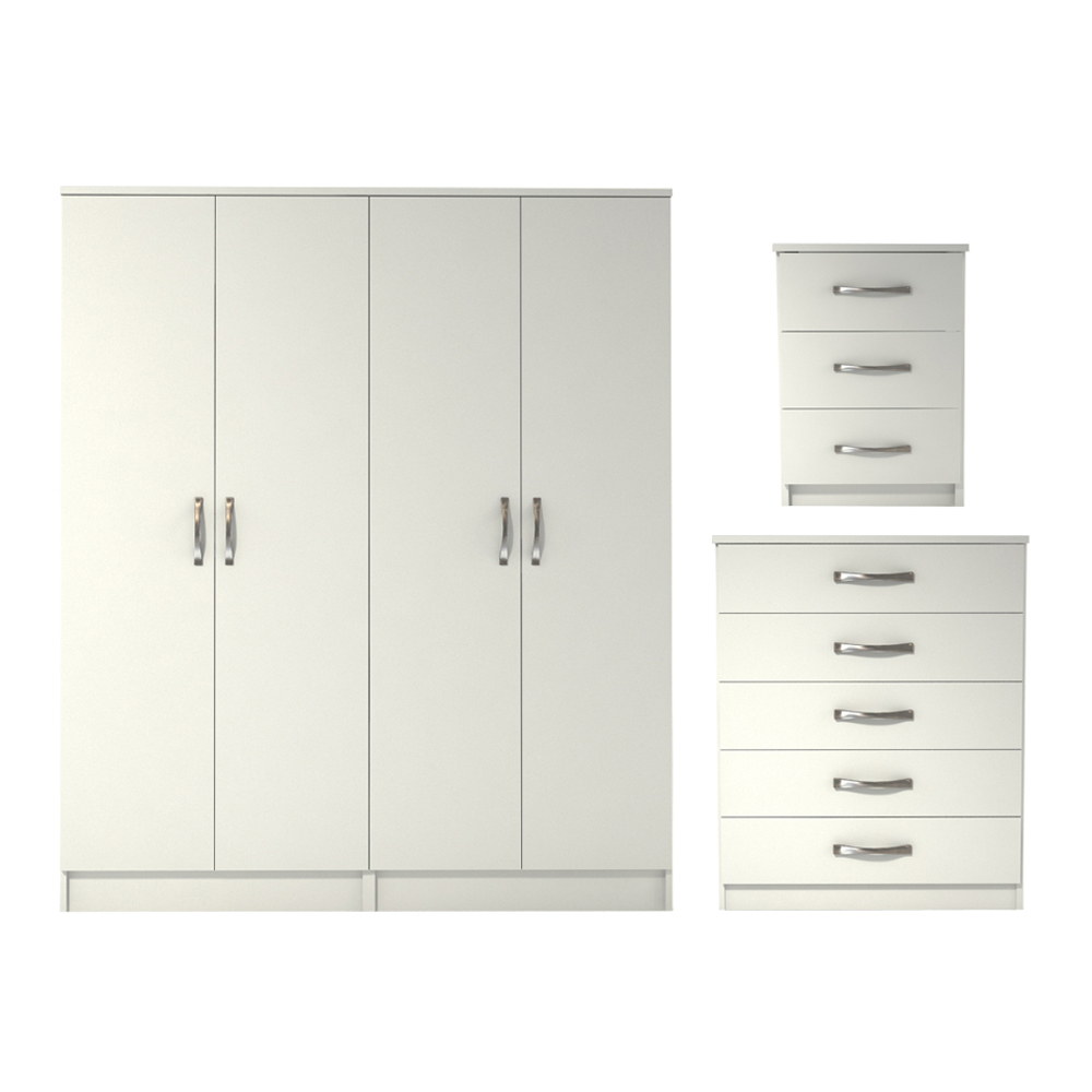 Ready assembled 3 Pcs Classic 4 Door Wardrobe, Chest and Bedside set White