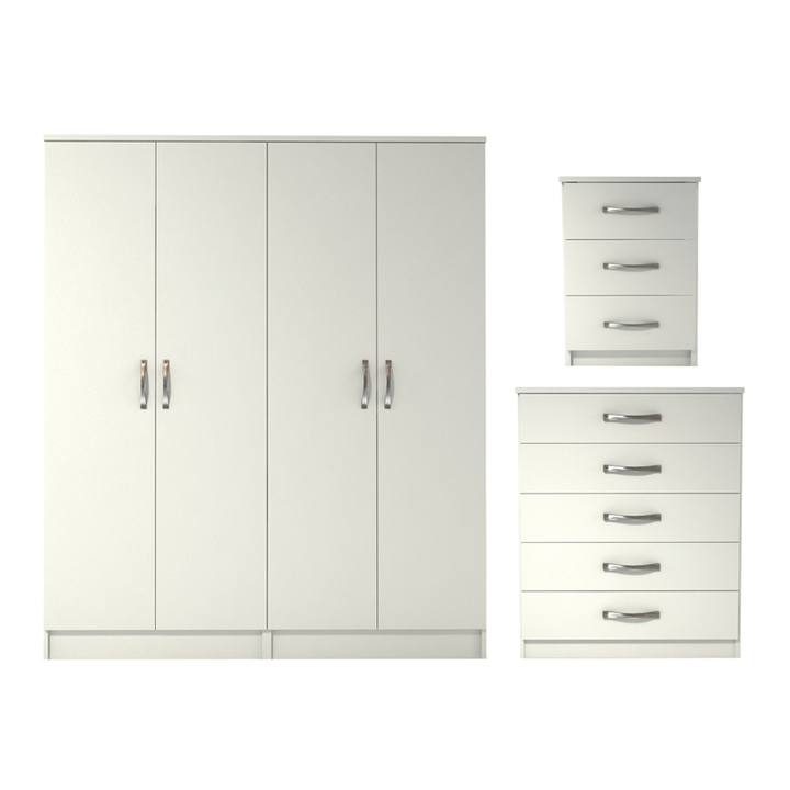 Ready assembled 3 Pcs Classic 4 Door Wardrobe, Chest and Bedside set White