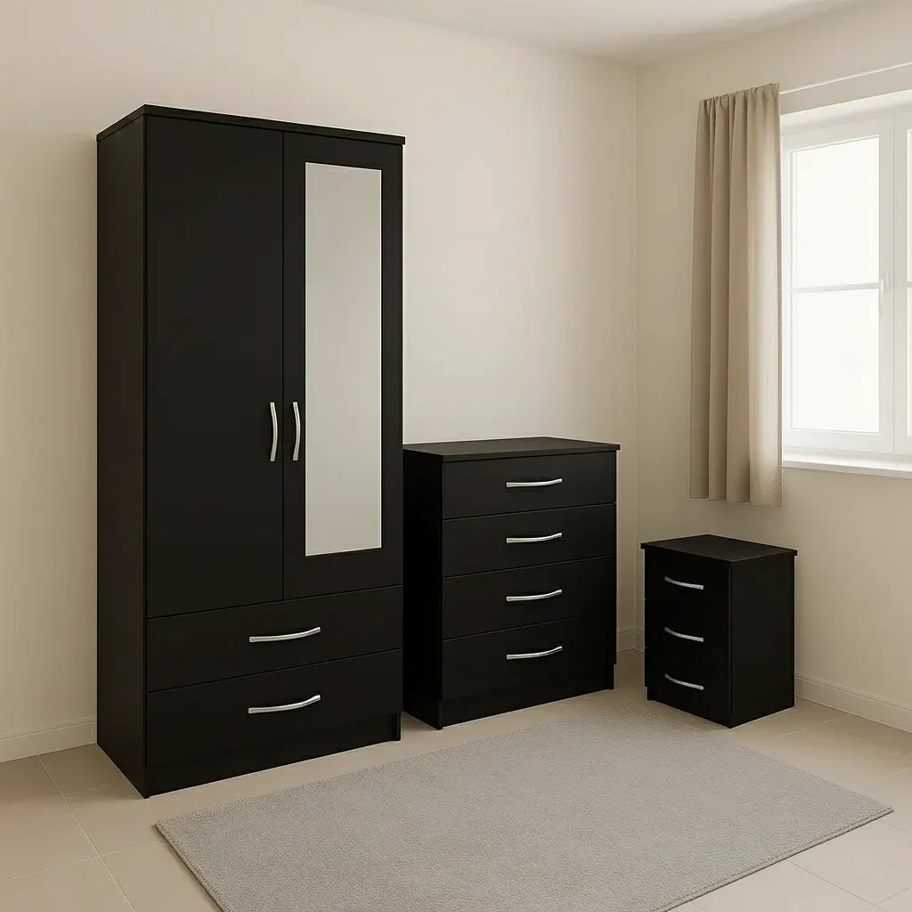 2 Door Mirrored Wardrobe Set with 1 Chest and Sidetable