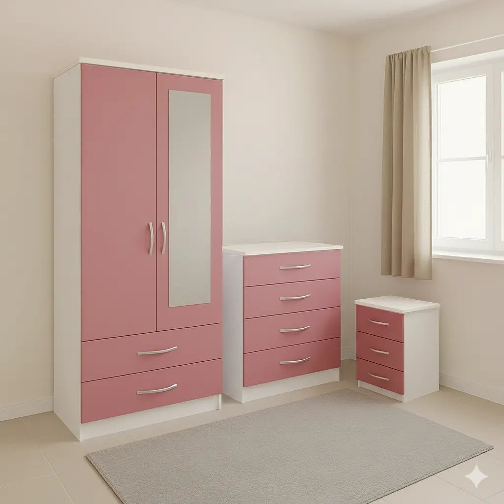 2 Door Mirrored Wardrobe Set with 1 Chest and Sidetable
