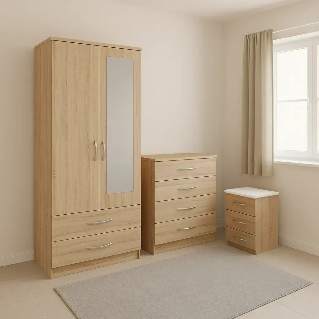 2 Door Mirrored Wardrobe Set with 1 Chest and Sidetable