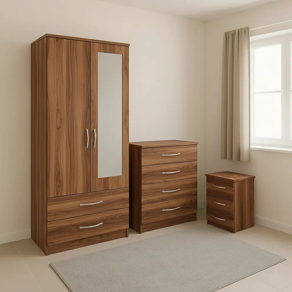 2 Door Mirrored Wardrobe Set with 1 Chest and Sidetable