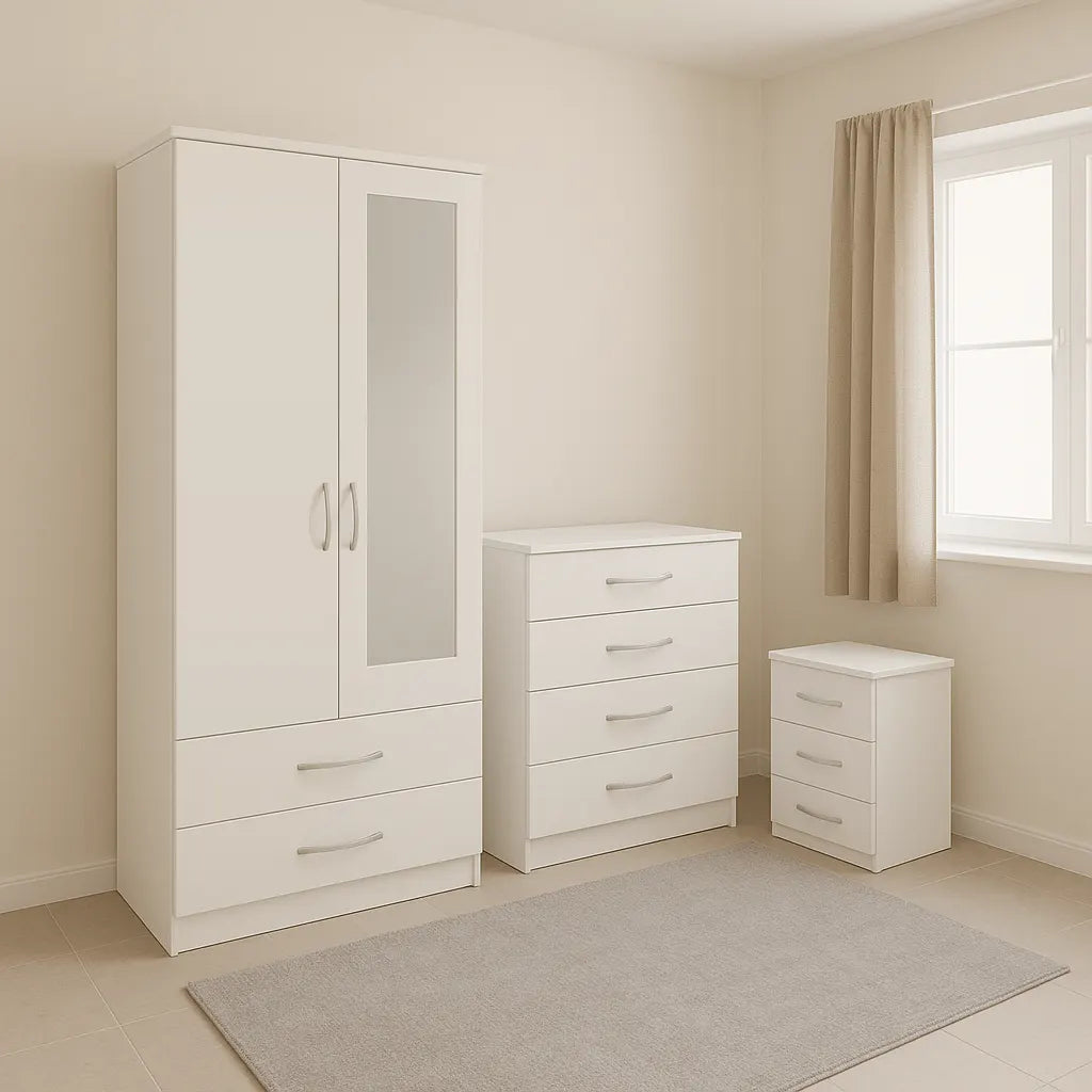 2 Door Mirrored Wardrobe Set with 1 Chest and Sidetable