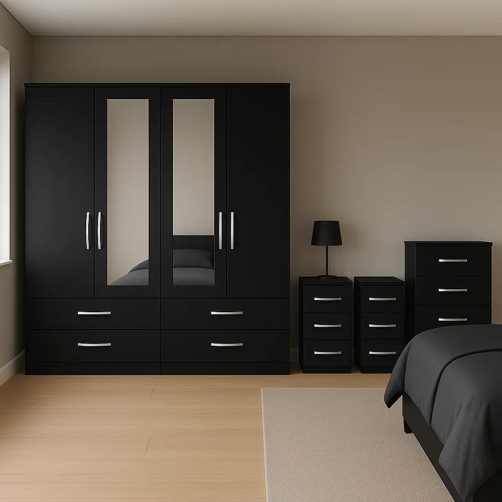 4 Door Mirror Wardrobe with 1 Chest and 2 Sidetables